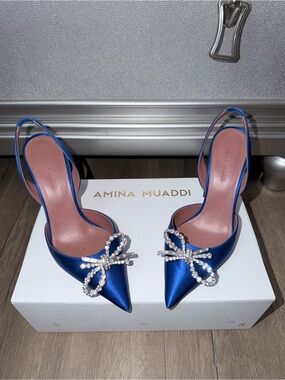 Amina Muaddi Royal Blue Satin Crystal Bow Pointed Slingbacks